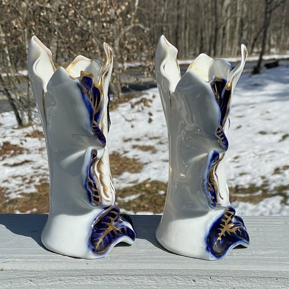 PAIR of Antique Victorian Blue Gilt Porcelain Leaves Vase Art Nouveau Mantel - Picture 9 of 16